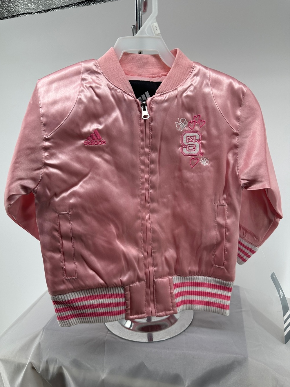 NWT Adidas NC STATE pink satin letterman jacket